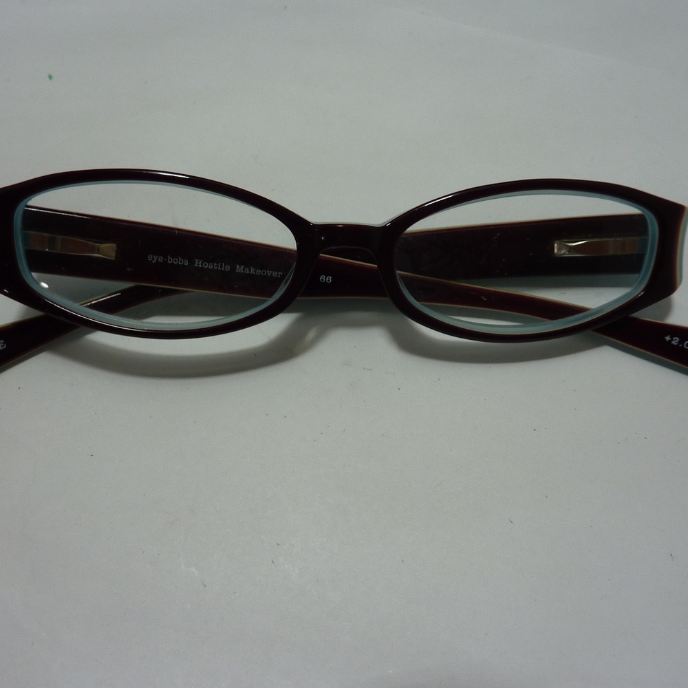 EYE BOBS +2.00 HOSTILE MAKEOVER 2181 66 BROWN BLUE FLEX HINGE READERS